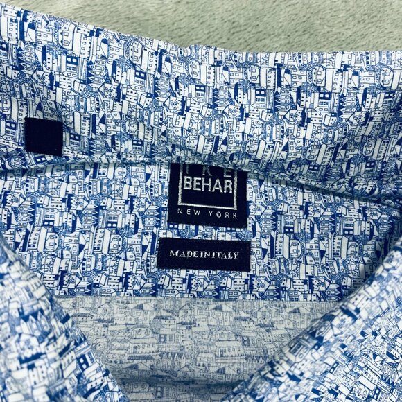 Ike Behar Shirt Mens Large Blue Village Houses Print Casual Sport Button Up - Picture 3 of 12